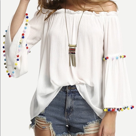White Off the Shoulder Blouse with Pom Poms - Picture 2 of 5